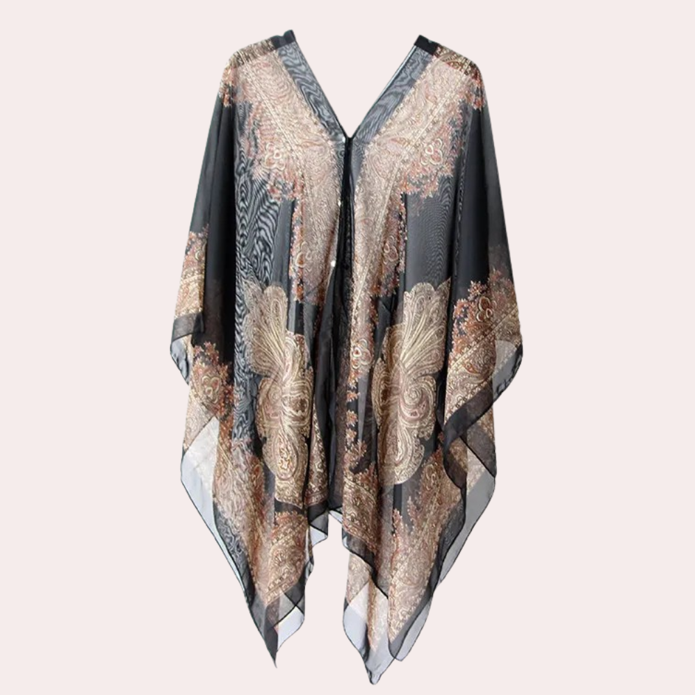 Elegant women's black chiffon poncho scarf, a versatile fashion wrap for any outfit. Lightweight & stylish accessory.