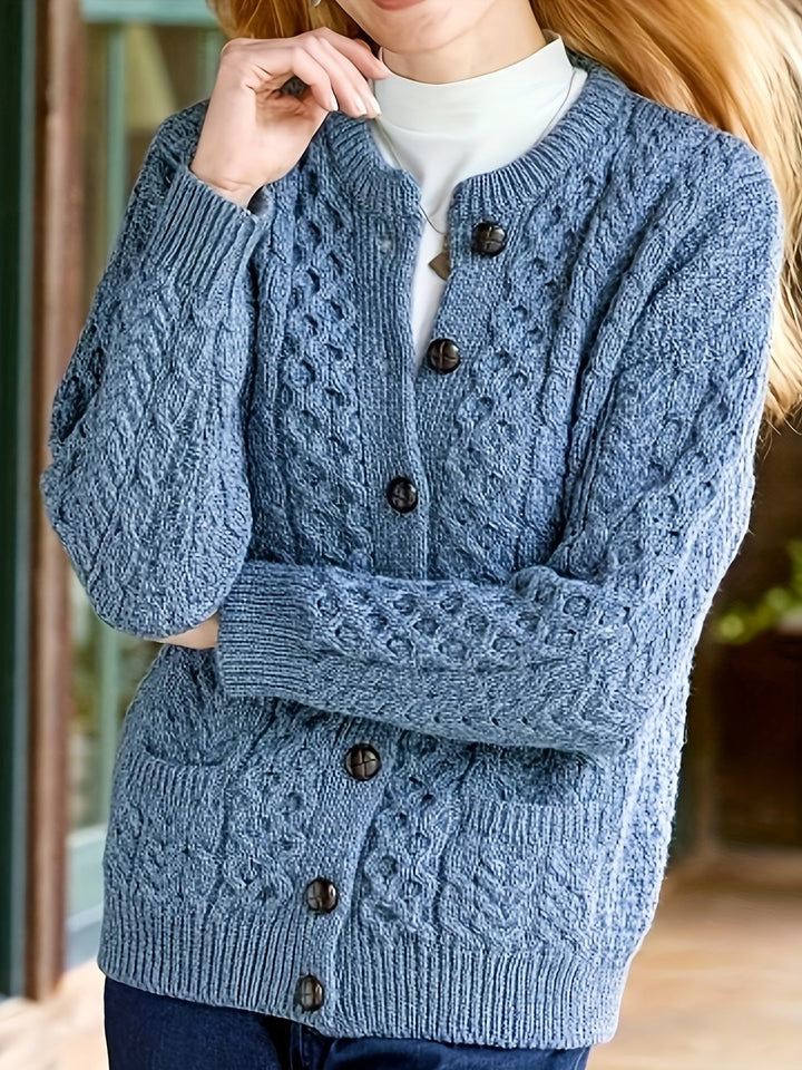 Stylish gray button-down women's cardigan, an essential versatile piece for fall and winter.