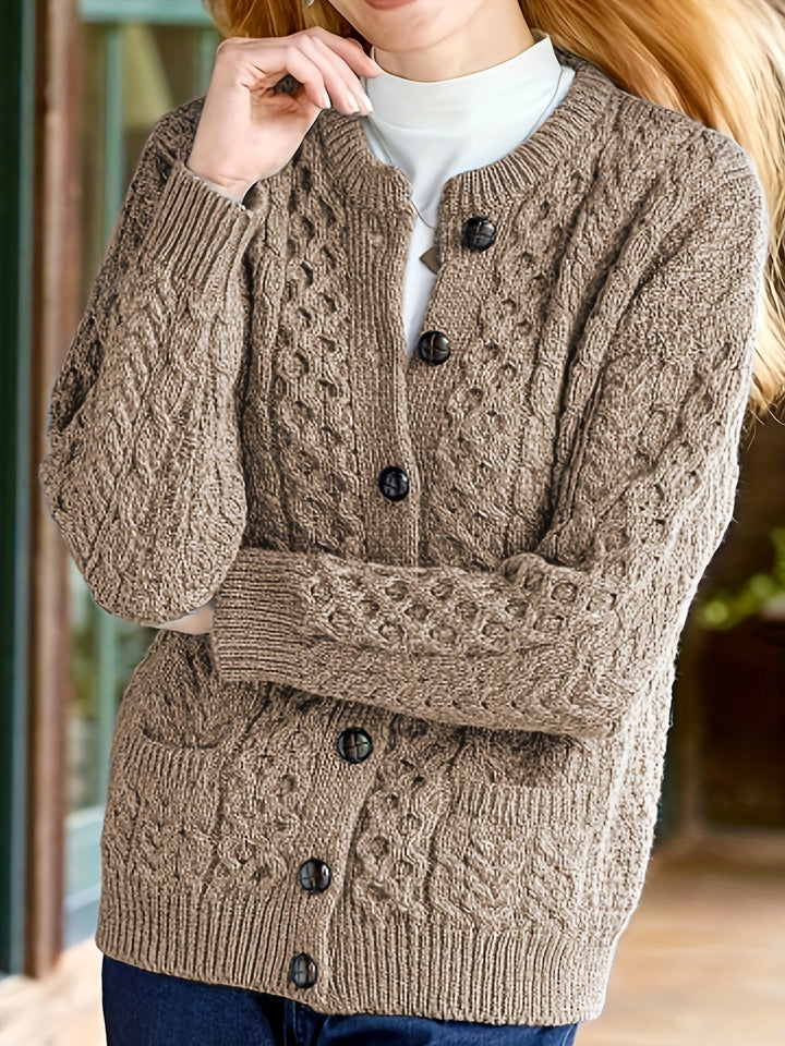 Soft brown long sleeve women's cardigan with pockets, a button-down for elegant casual wear.