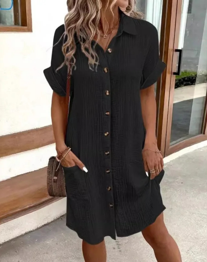 Chic blue women's button-down mini shirt dress, ideal for everyday casual wear in spring.