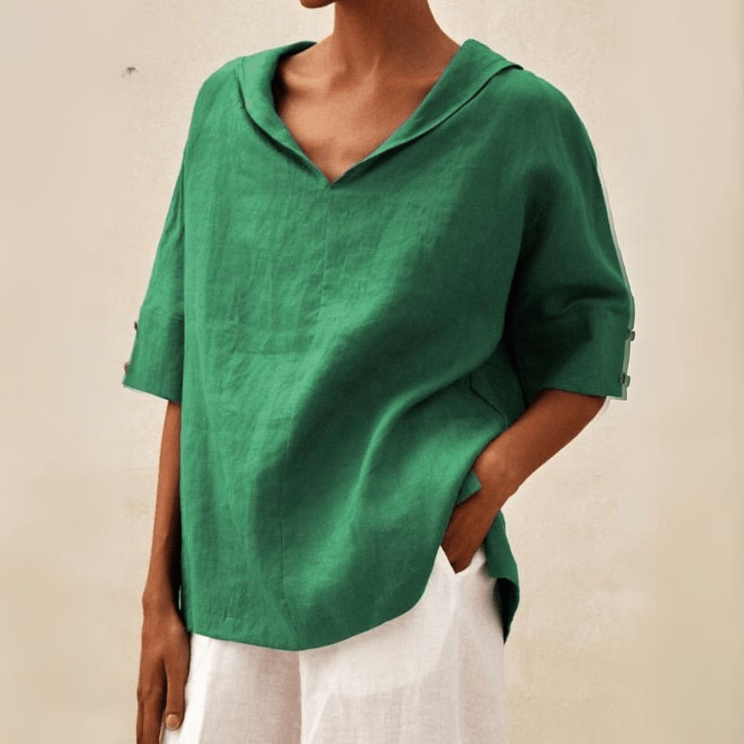 Women's versatile collared V-neck tunic top in a relaxed fit, perfect for casual everyday style.