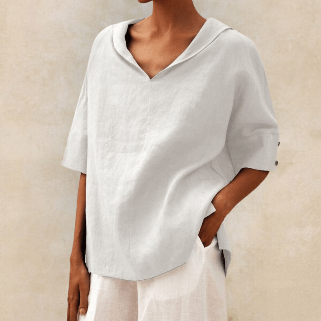 Comfortable women's everyday collared V-neck tunic top with long sleeves for relaxed style.