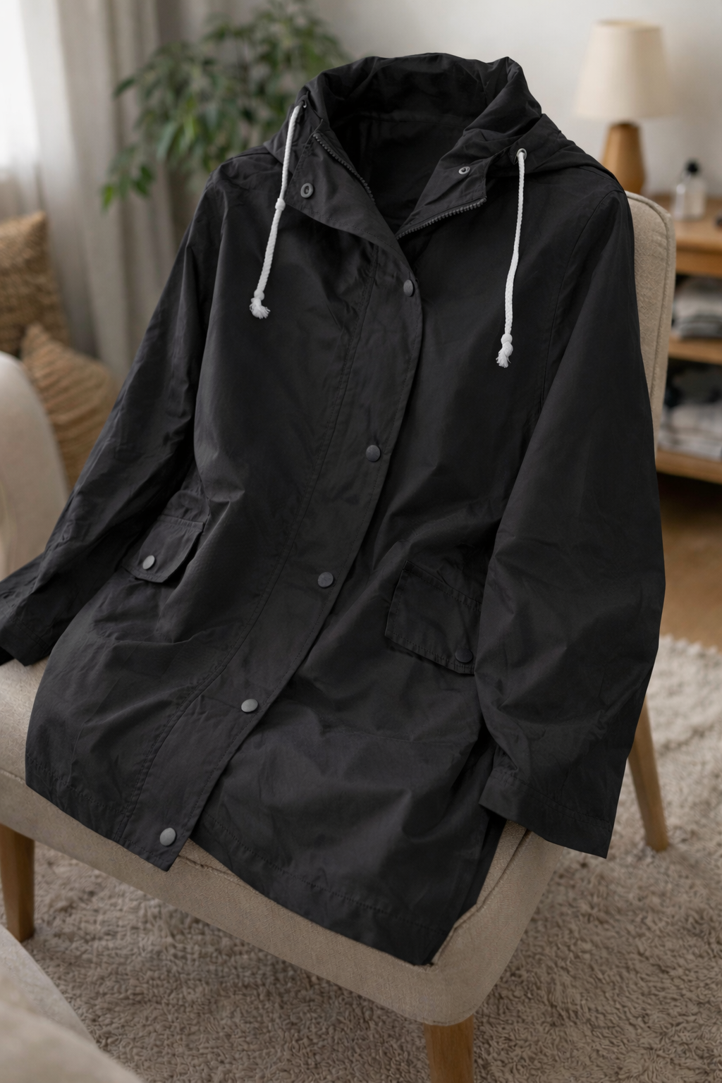 Woman in a lightweight, weather-resistant hooded jacket. Perfect versatile outerwear for casual spring/fall outings.