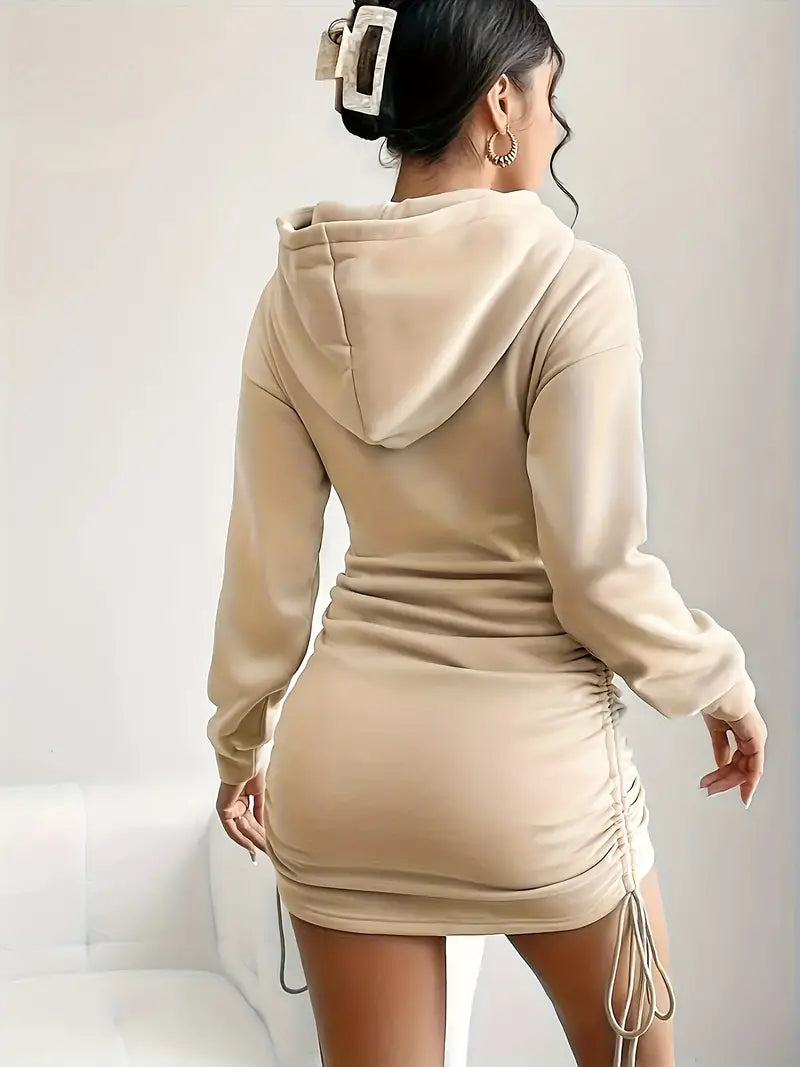 Chic women's versatile hoodie mini dress. Soft, comfortable fabric with fashionable adjustable ruching.
