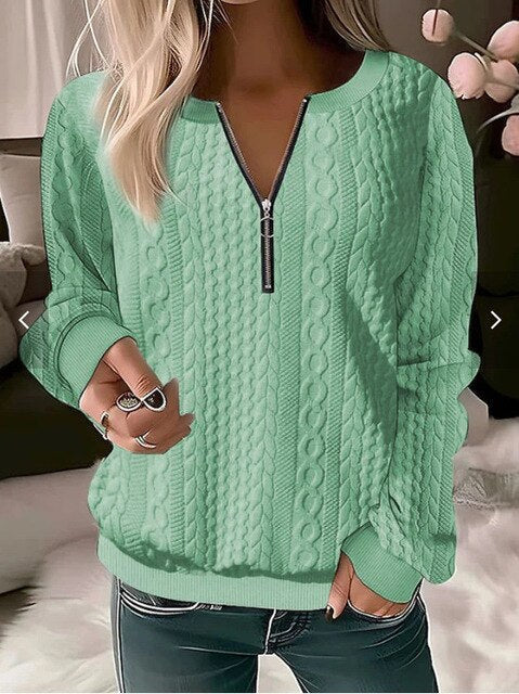Women's round neck jacquard knit sweater. Cozy long sleeve pullover, perfect for autumn casual wear.