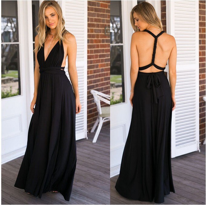 Elegant convertible maxi dress for bridesmaids, adaptable for different styles.