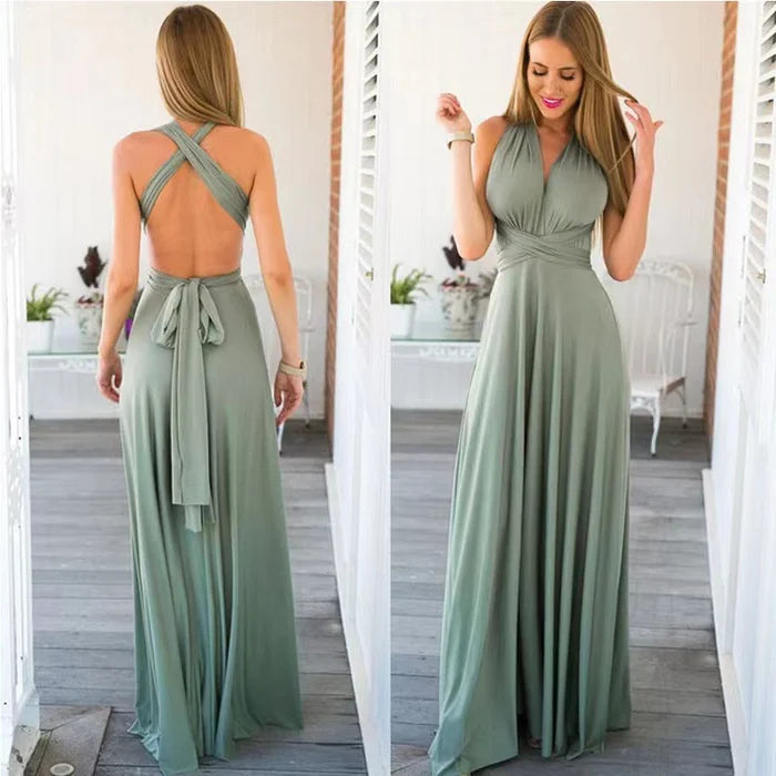 Women's versatile multi-way wrap dress, transformable for various occasions and styles.