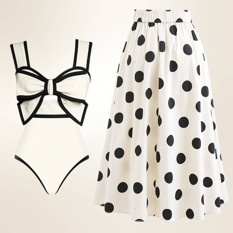 Women's versatile one-piece swimsuit with elegant skirt cover-up for chic beach and resort wear.