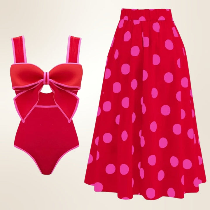 Fashionable women's one-piece swimsuit with attached skirt cover-up, ideal for summer pool or beach vacations.