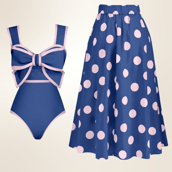 Stylish women's one-piece swimsuit with integrated skirt for a comfortable and chic summer resort look.