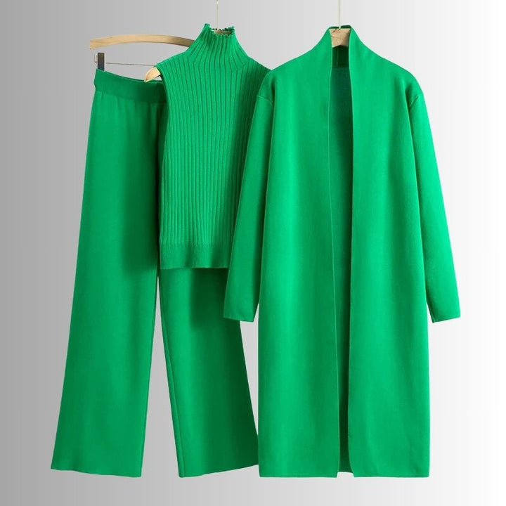 Comfortable women's three-piece outfit set, including top, pants, and cardigan for versatile styling.