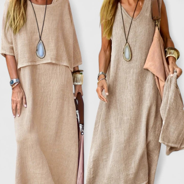 Women's versatile two-piece maxi dress set with short sleeve top, perfect for casual summer style.