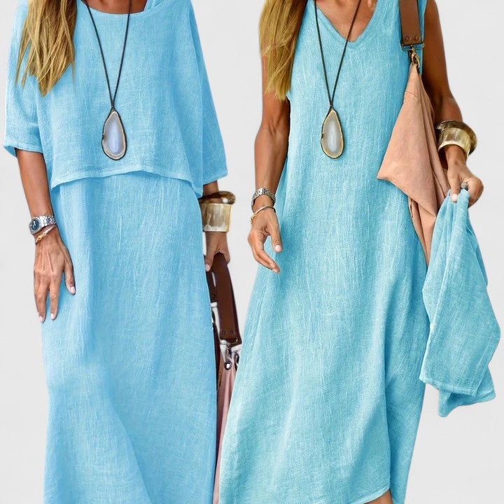 Relaxed fit women's two-piece boho maxi dress with a short sleeve V-neck top, ideal for everyday fashion.