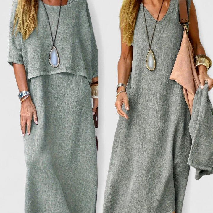 Stylish women's two-piece maxi dress set; short sleeve top & flowy skirt for summer casual wear.