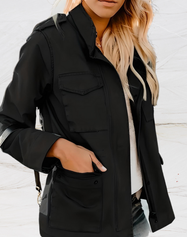 Women's versatile zippered utility jacket with multiple pockets, perfect for casual everyday wear in fall or spring.