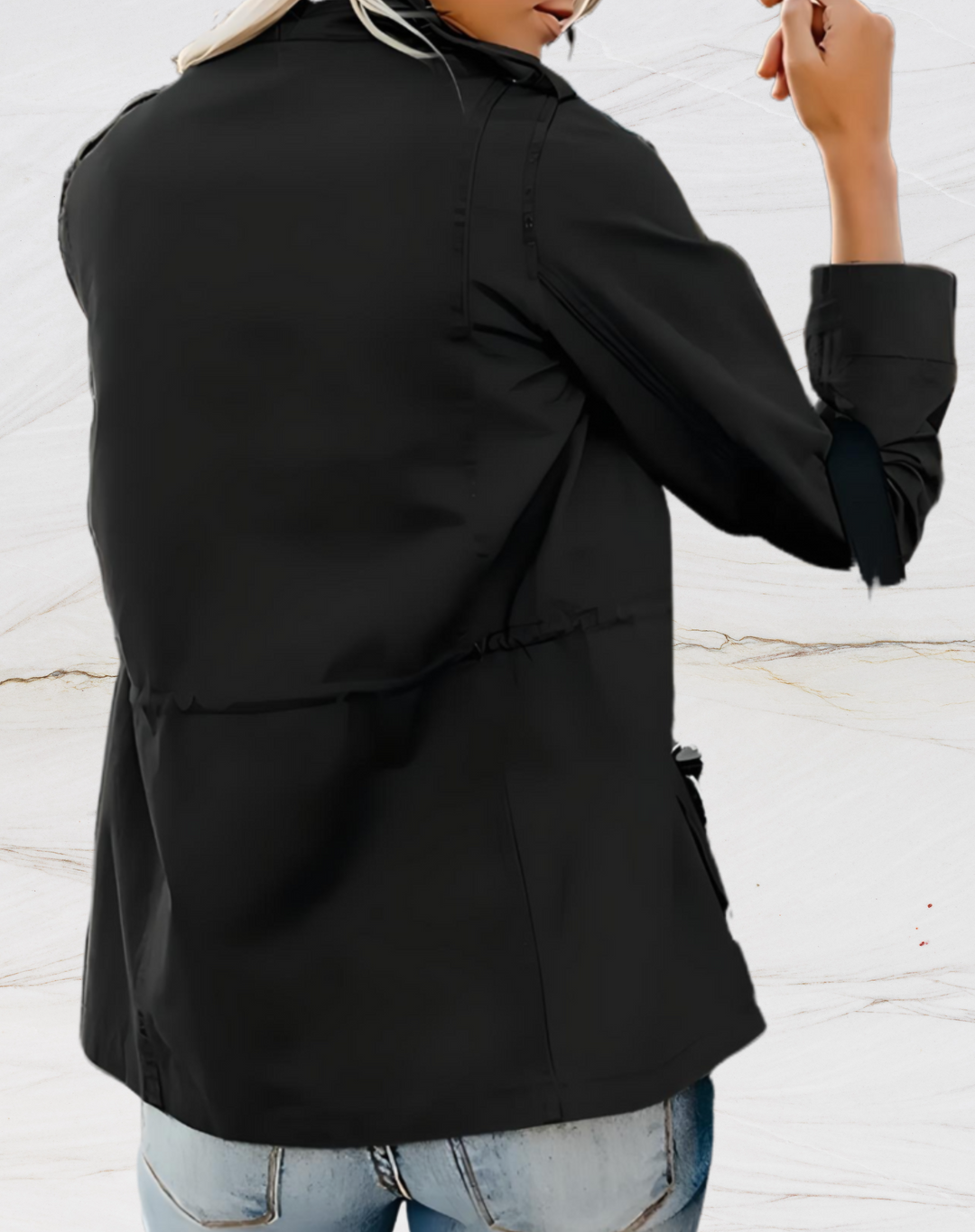 Casual women's outerwear, a zippered utility jacket ideal for everyday errands, fall adventures, or spring fashion.