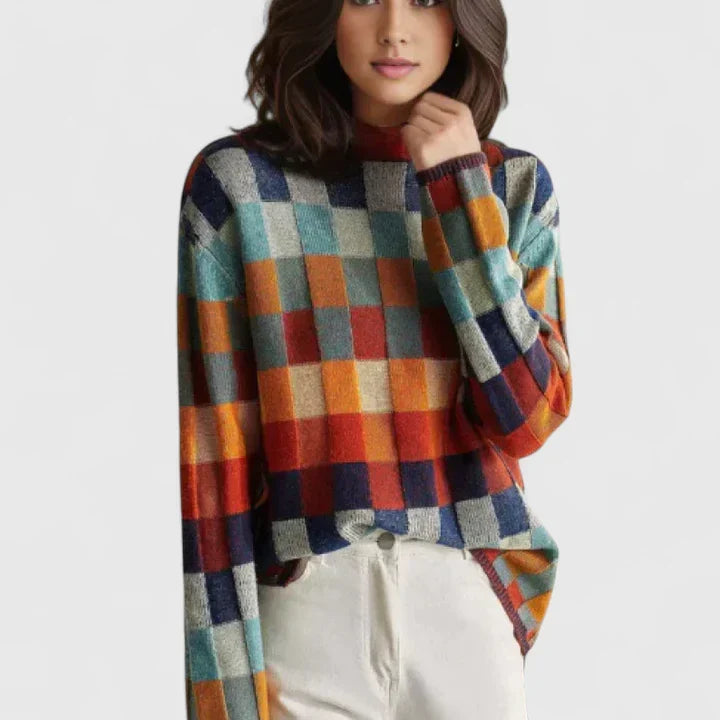 Women's vibrant check pattern sweater, a colorful & cozy top perfect for autumn fashion.