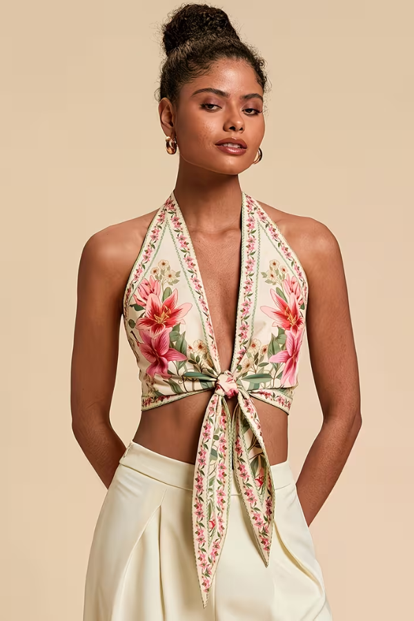 Vibrant floral pattern halter top for women, a chic sleeveless option for summer.