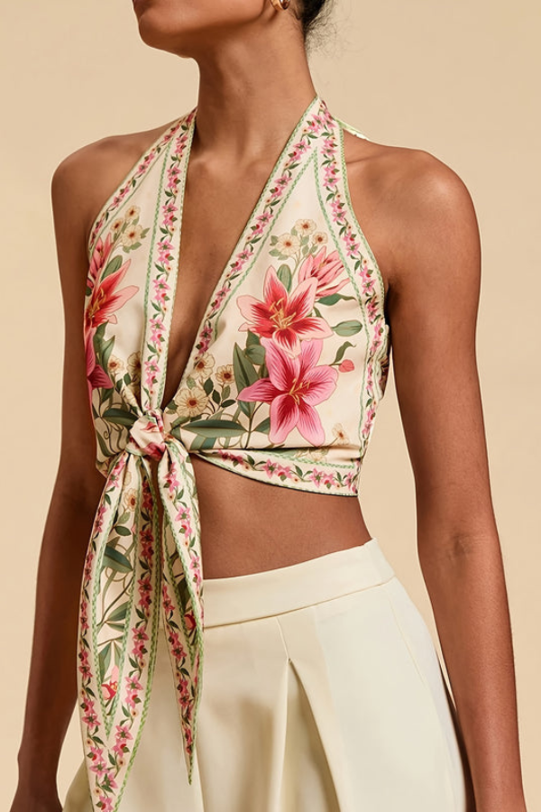 Casual women's vibrant floral halter top, designed for comfortable summer style.