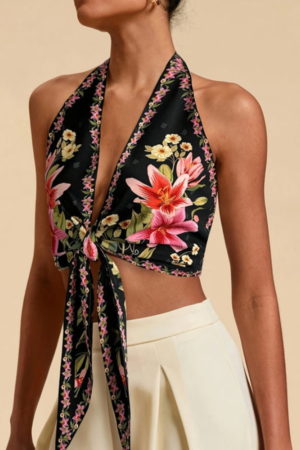 Elegant floral halter top for women, a vibrant summer top for vacation outfits.