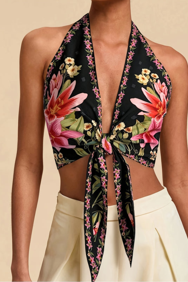 Floral print halter top, women's vibrant summer top for casual or beach outings.