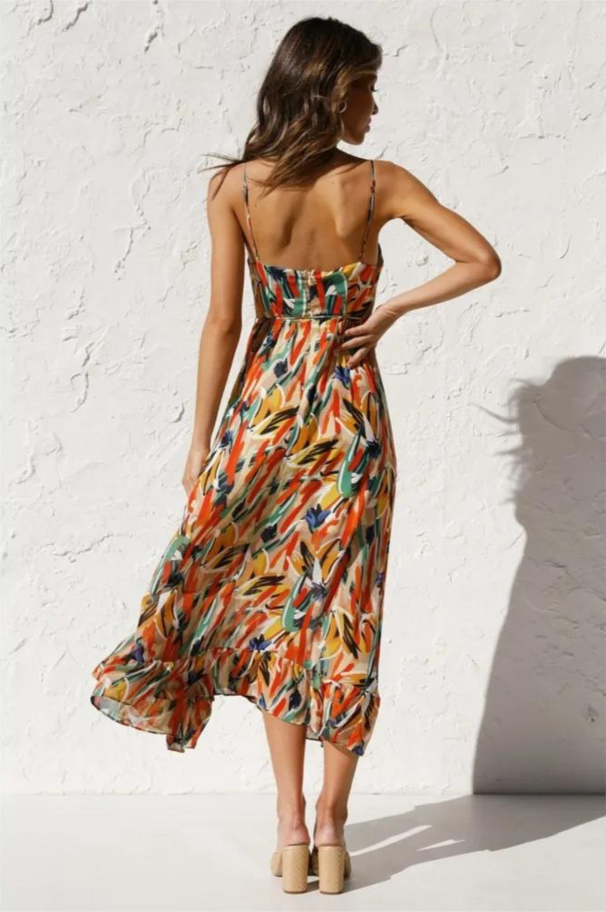 Flowy women's sleeveless summer dress featuring a beautiful floral print, great for beach or casual wear.