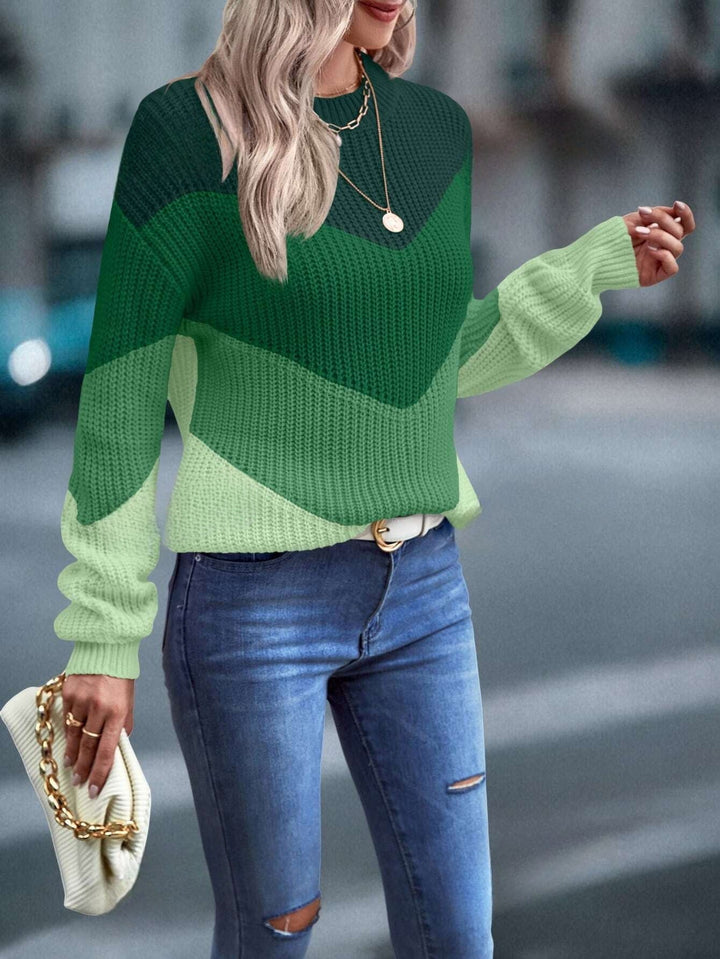 Stylish vibrant green crew neck knit sweater for women, perfect fall/winter wear, long sleeve & comfortable.