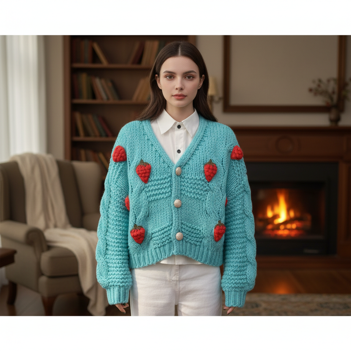 Women's vibrant knitted short jacket with strawberry print, cropped for spring/autumn wear