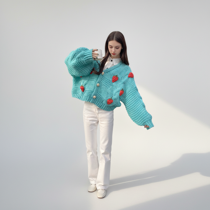 Colorful polyester knitted cropped jacket for women, featuring a playful strawberry pattern