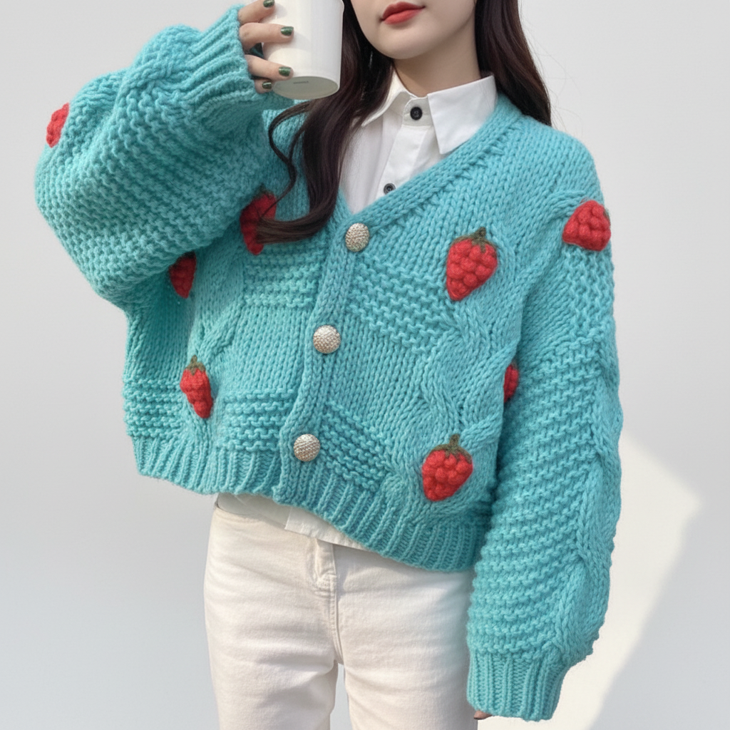 Nina brand women's knitted jacket, cropped fit with a cheerful all-over strawberry design