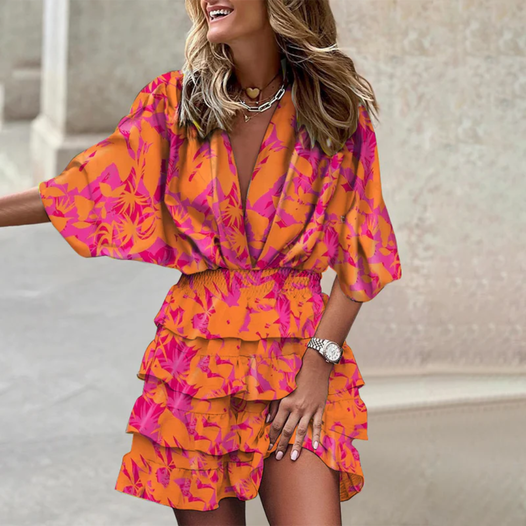 Women's vibrant mini dress. A chic, colorful short summer dress, perfect for casual or party wear.