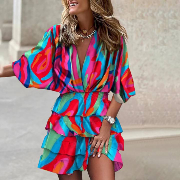 Vibrant mini dress, women's colorful summer dress. Playful and chic, great for parties & everyday style.