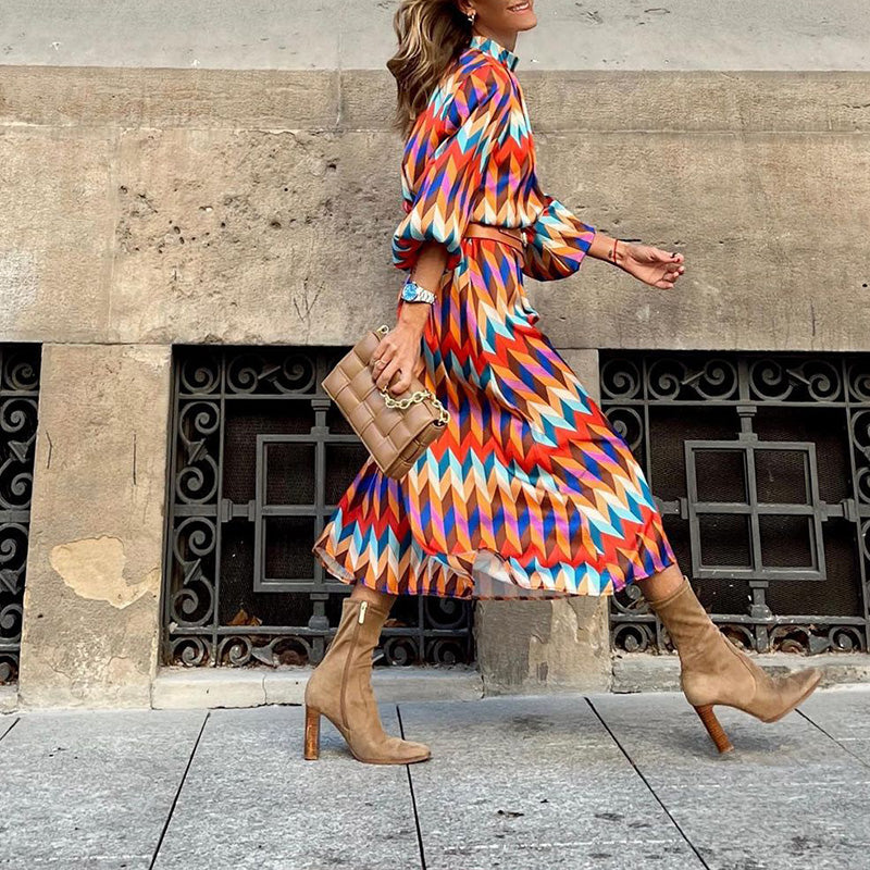 Women's vibrant print midi dress, perfect for summer fashion & casual elegance. Flowy colourful Sophia dress.