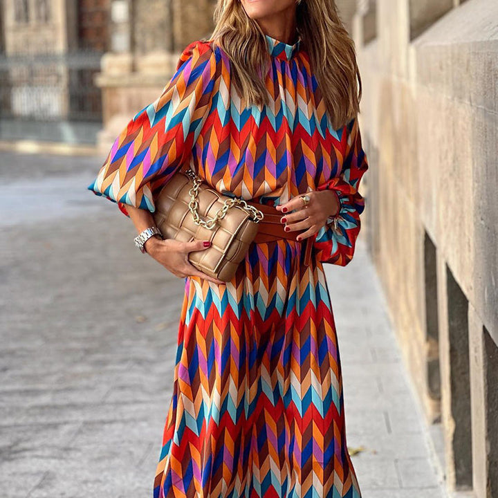 Colourful print midi dress for women, vibrant and flowy. Sophia design, great for spring & summer casual wear.