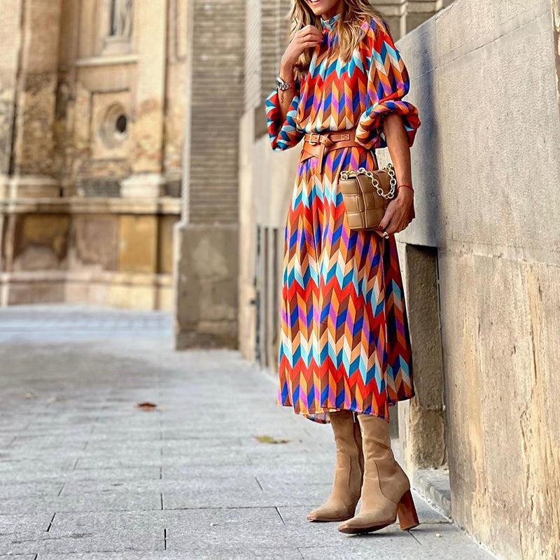 Stylish women's vibrant print midi dress, a comfortable and flowy option for summer and spring fashion.
