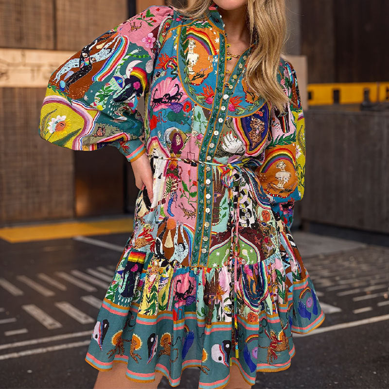 Playful women's vibrant print mini dress with a flattering fit, perfect for warm weather and lively party fashion.