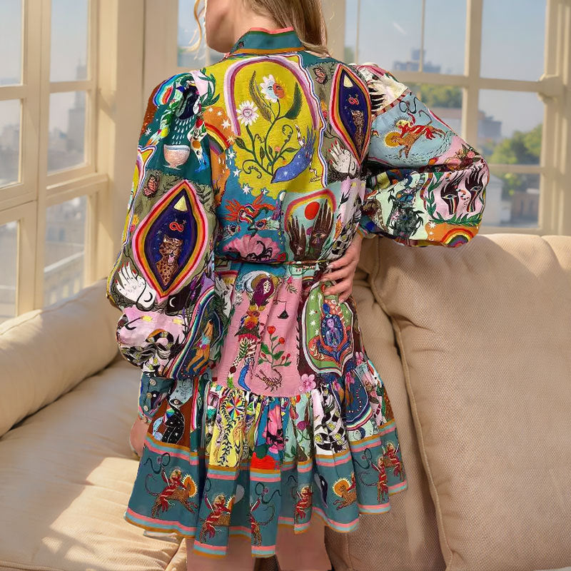 Model wearing a women's colorful mini dress with a vibrant summer print. Casual, sleeveless beach & party style.