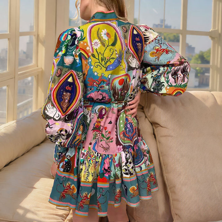 Model wearing a women's colorful mini dress with a vibrant summer print. Casual, sleeveless beach & party style.