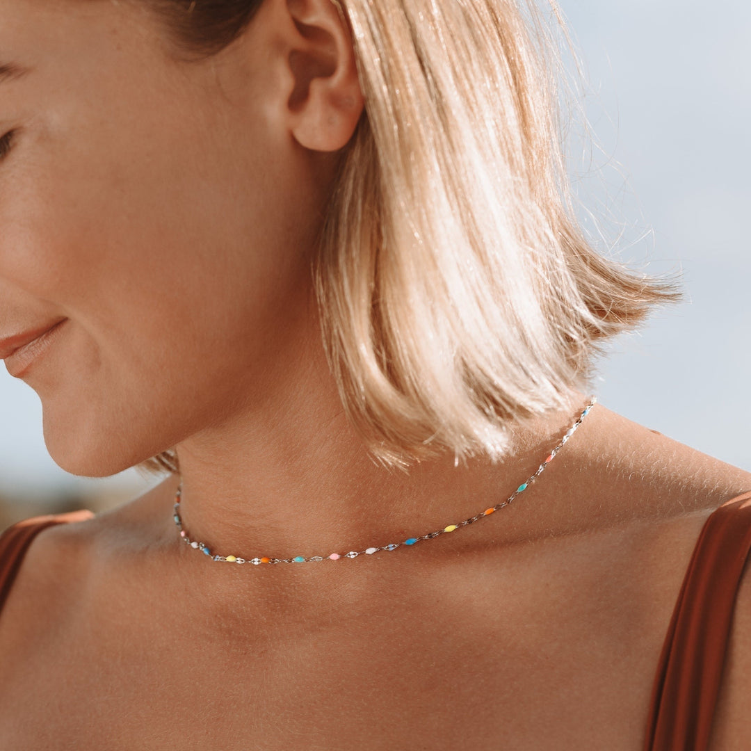 Hypoallergenic, waterproof rainbow choker necklace; women's vibrant enamel jewelry, perfect for daily wear.