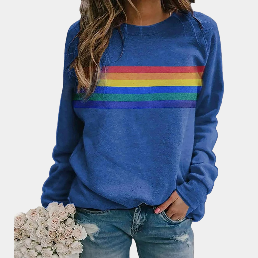 Women's vibrant rainbow stripe crewneck sweatshirt, perfect for comfortable and colorful everyday casual wear.