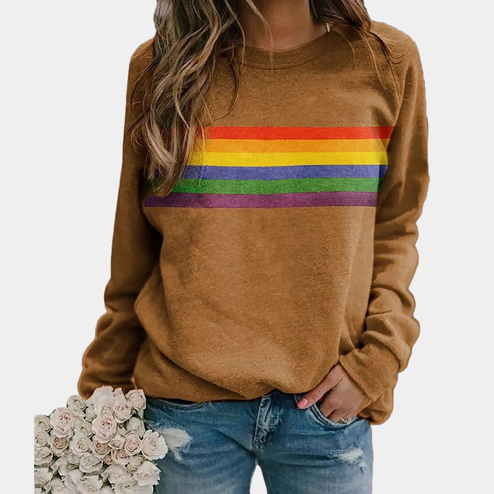 Colorful rainbow stripe women's crewneck sweatshirt, offering vibrant style & ultimate comfort for casual outings.