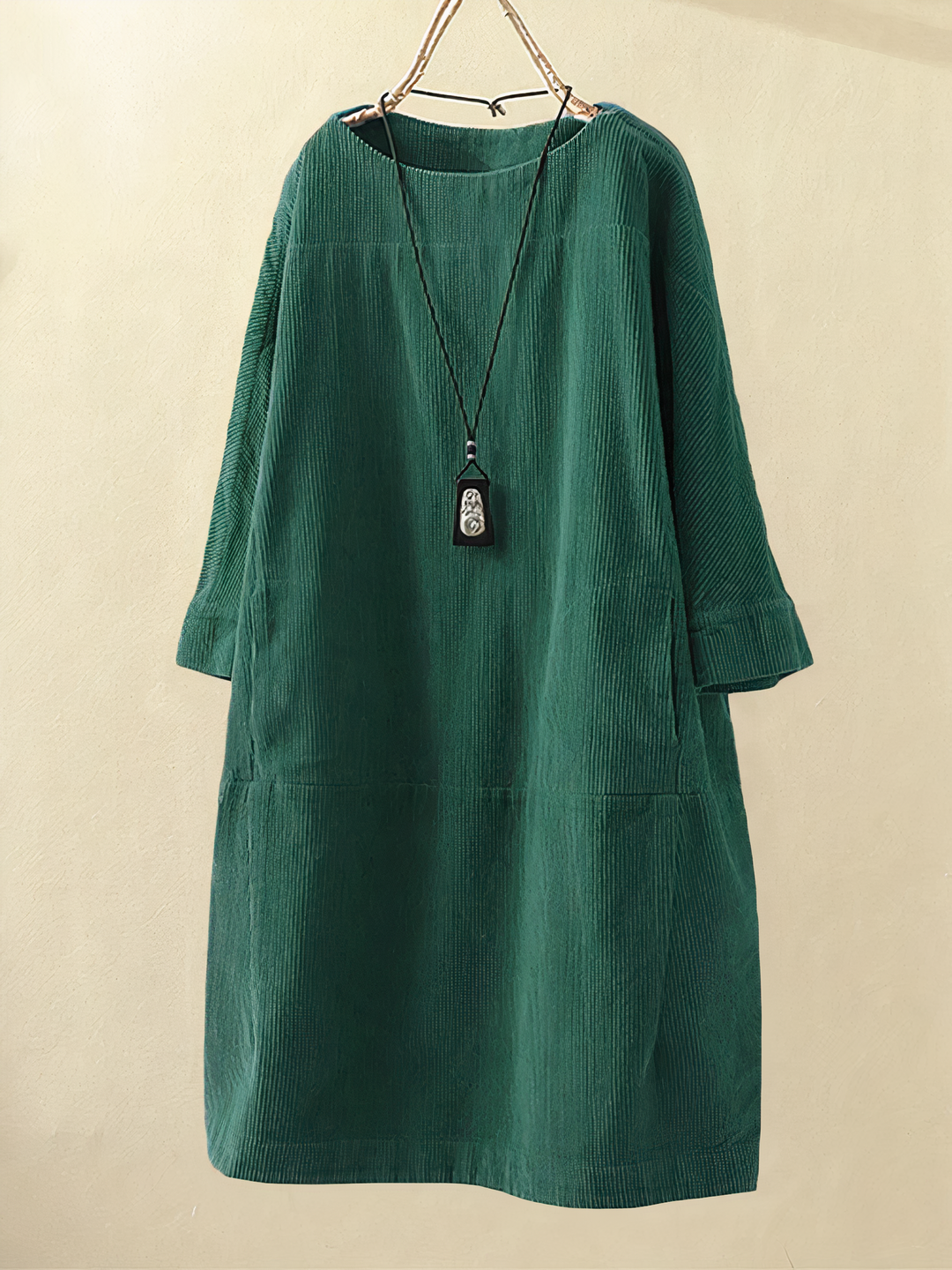 Versatile women's long sleeve A-line tunic dress. Vintage corduroy midi style, comfortable for daily wear.