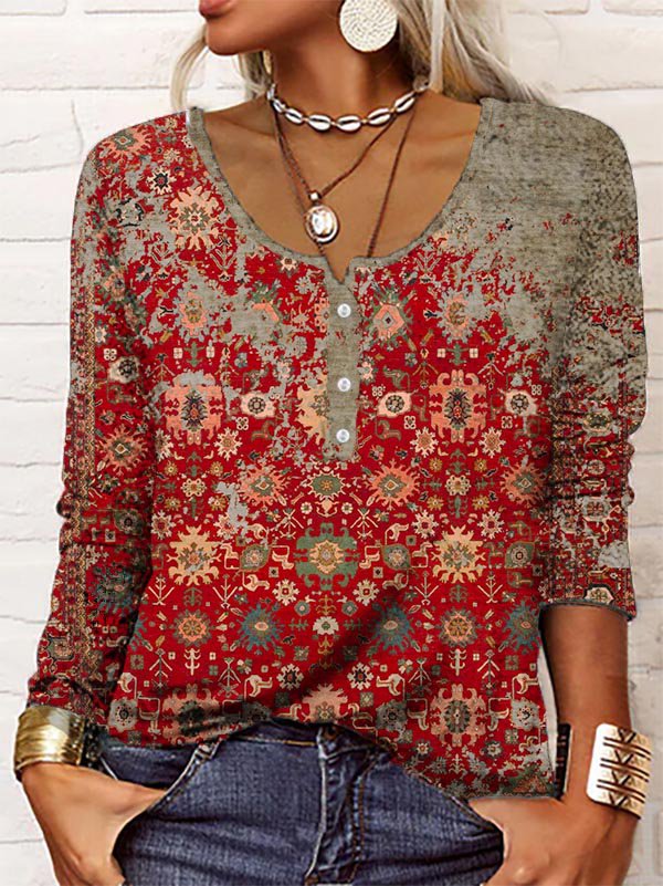 Women's vintage Aztec print long sleeve top, perfect for autumn casual wear and comfort.