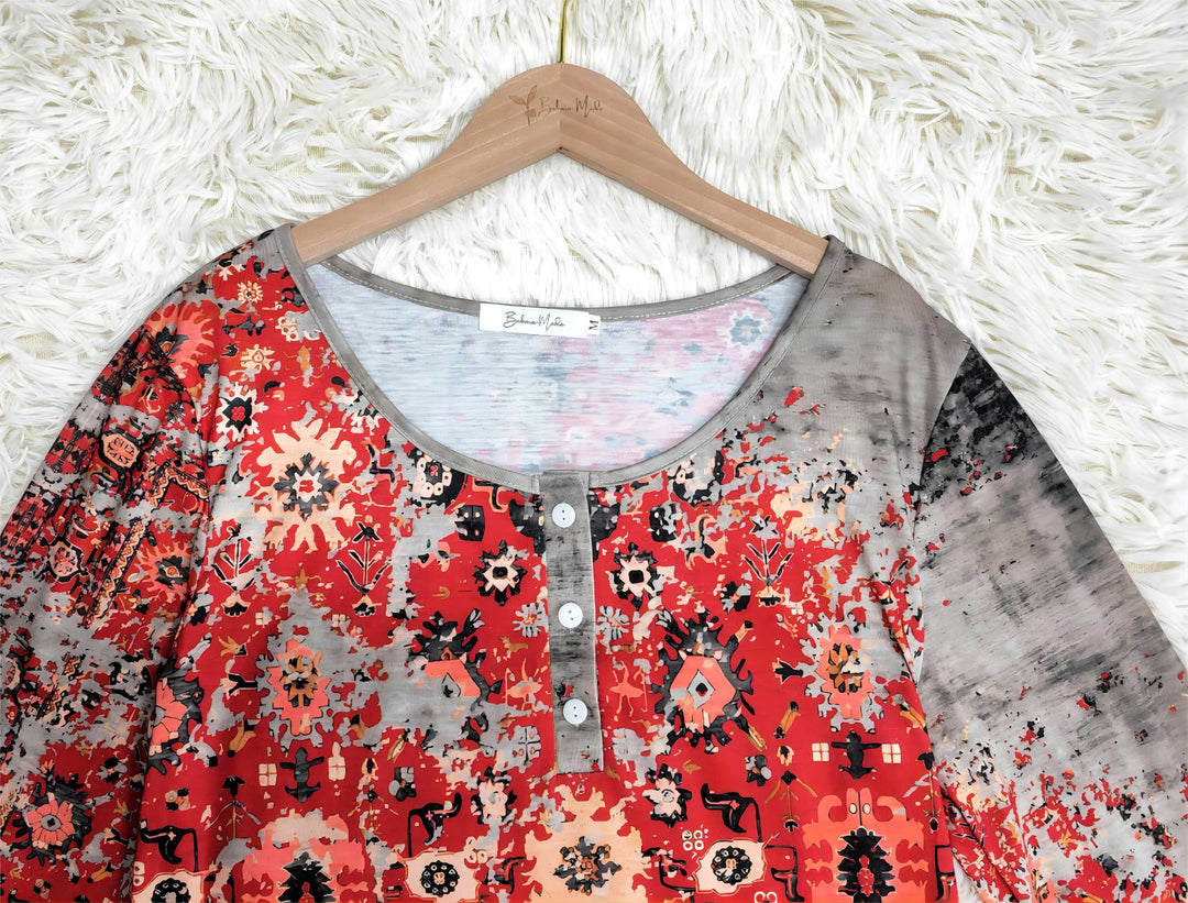 Bohemian women's vintage Aztec print long sleeve top, a chic casual autumn fashion statement.