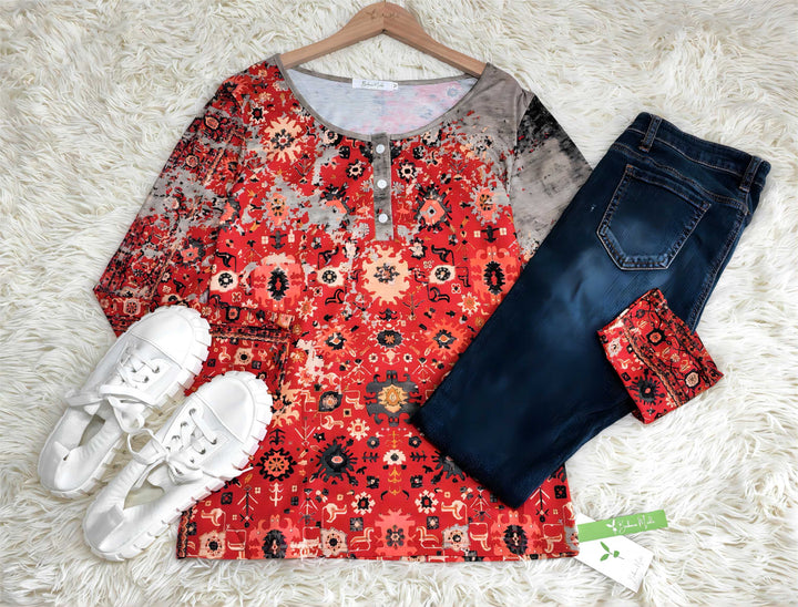 Women's long sleeve top featuring a vibrant vintage Aztec print, ideal for bohemian autumn fashion.
