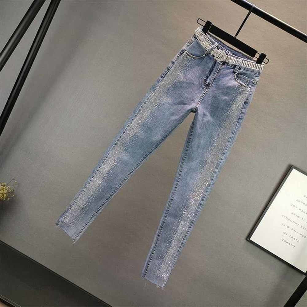 Classic women's vintage blue denim slim jeans with a high waist, ideal for versatile everyday casual wear.