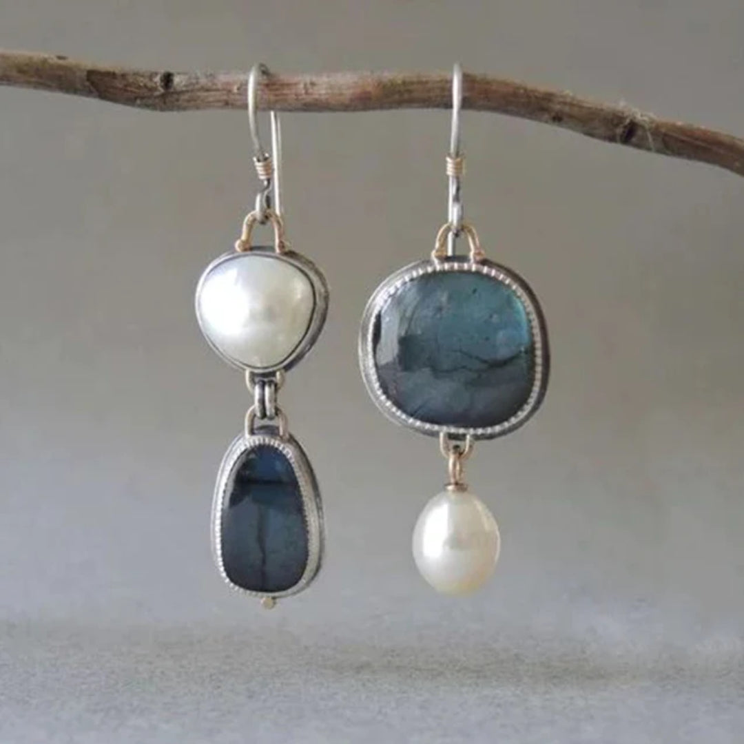 Women's vintage blue stone & pearl drop earrings, elegant handcrafted jewelry for special occasions.