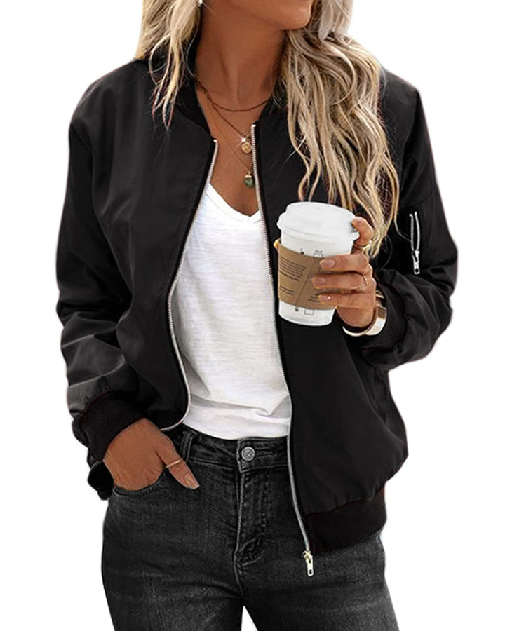 Fashionable women's vintage bomber jacket, classic style, a versatile coat for spring & fall casual wear.