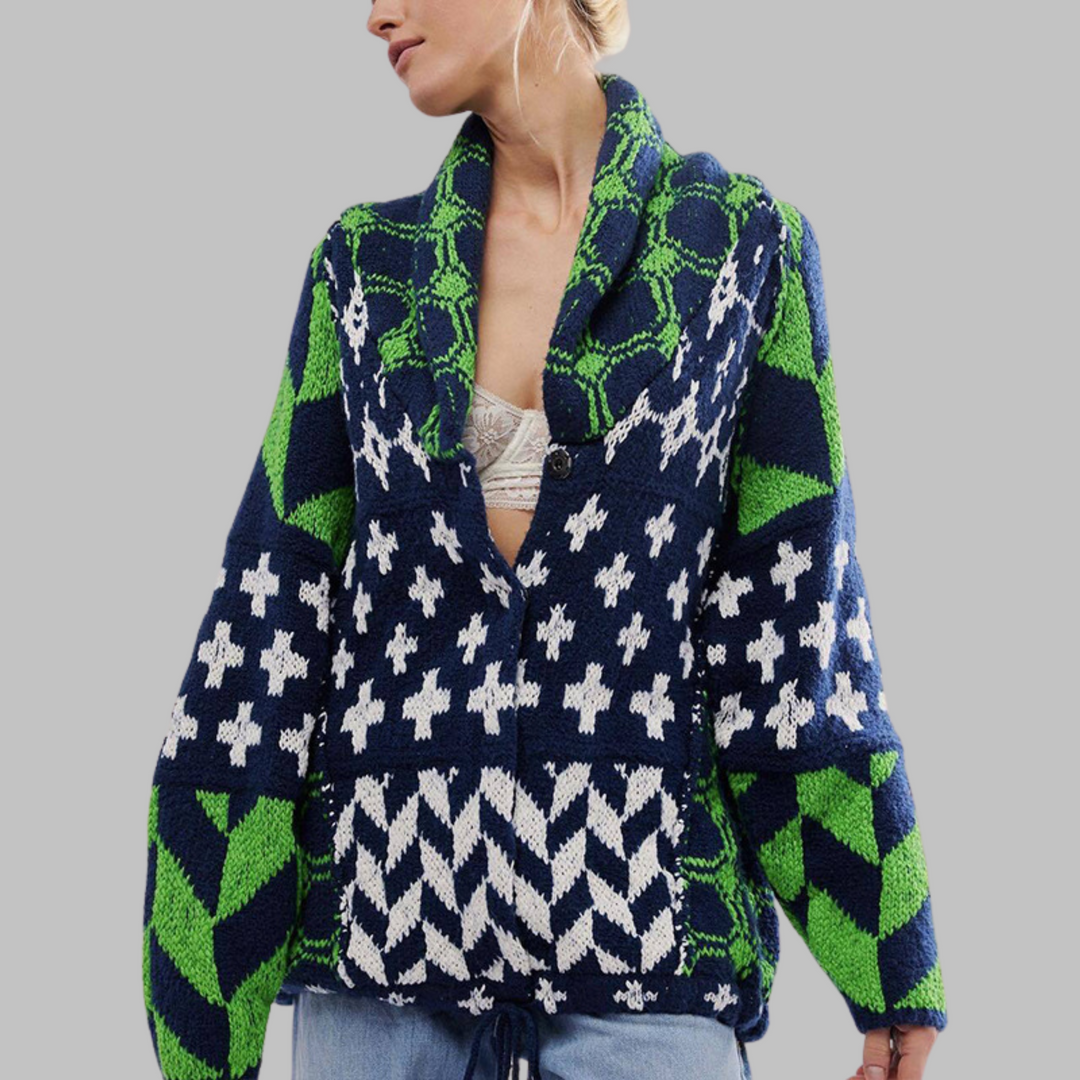 Stylish women's button-down long sleeve oversized vintage cardigan, a chic and versatile fashion piece.