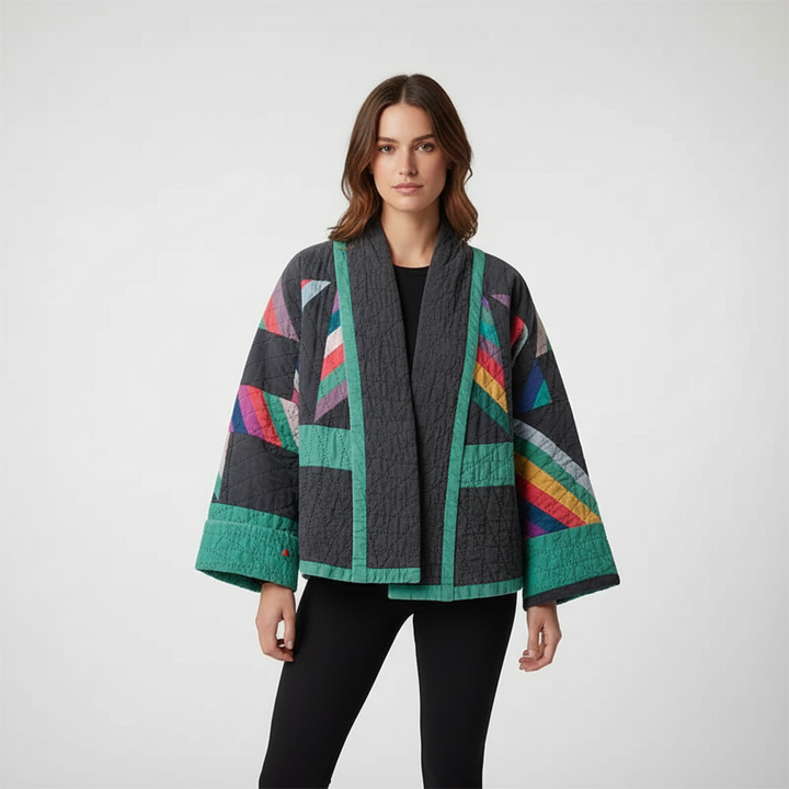 Casual vintage long sleeve V-neck jacket for women, ideal outerwear with a relaxed, loose fit